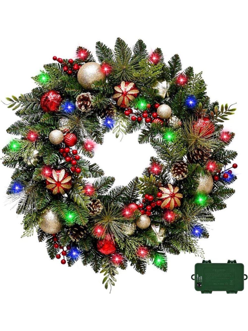 Lighted Christmas Wreath 28'' Artificial with 30 LED Multi-Color